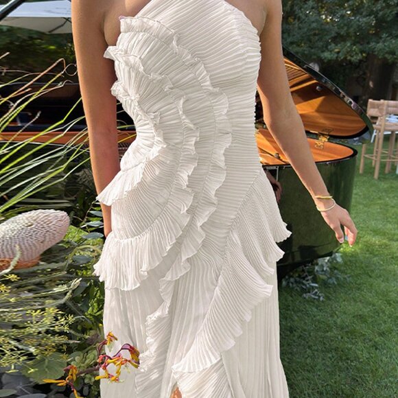 Beige Elegant Women's Ruffle Hem Sleeveless Halter Neck Long Maxi Dress